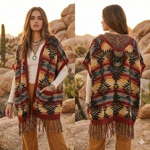 American Eagle Aztec Fringe Poncho‎ Sweater Cardigan Vest XS/S Boho Southwestern